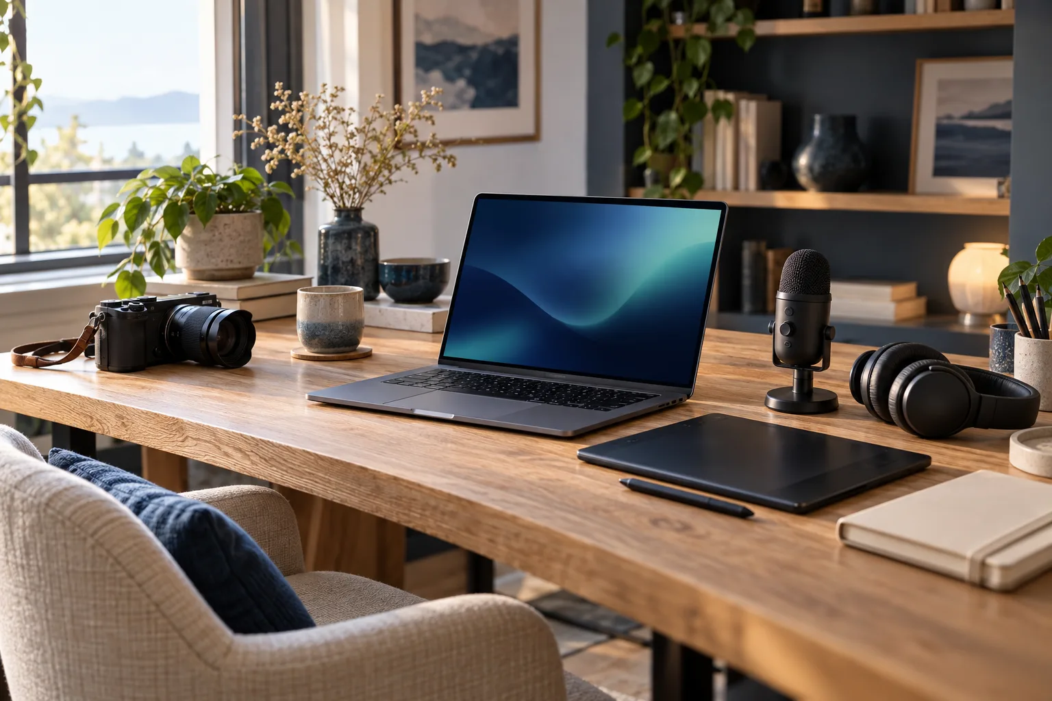 Creator workspace with a laptop, camera, drawing tablet, microphone and headphones by a window