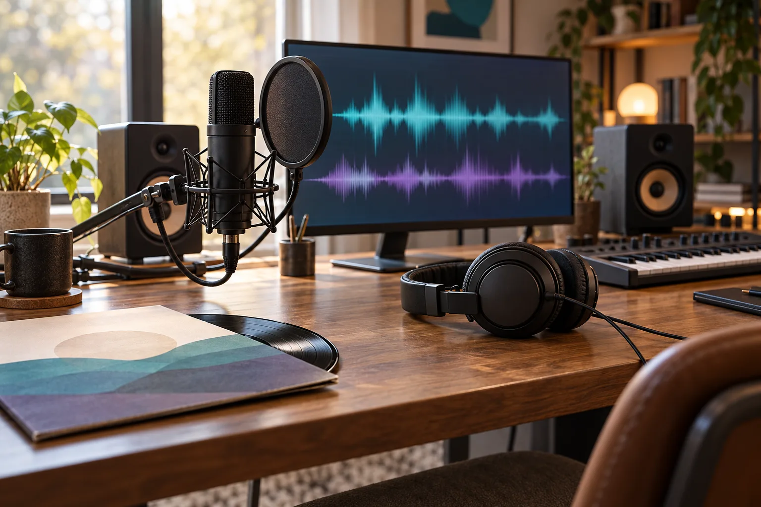 Góc sản xuất podcast và nhạc với micro, tai nghe, loa và bàn phím âm nhạc