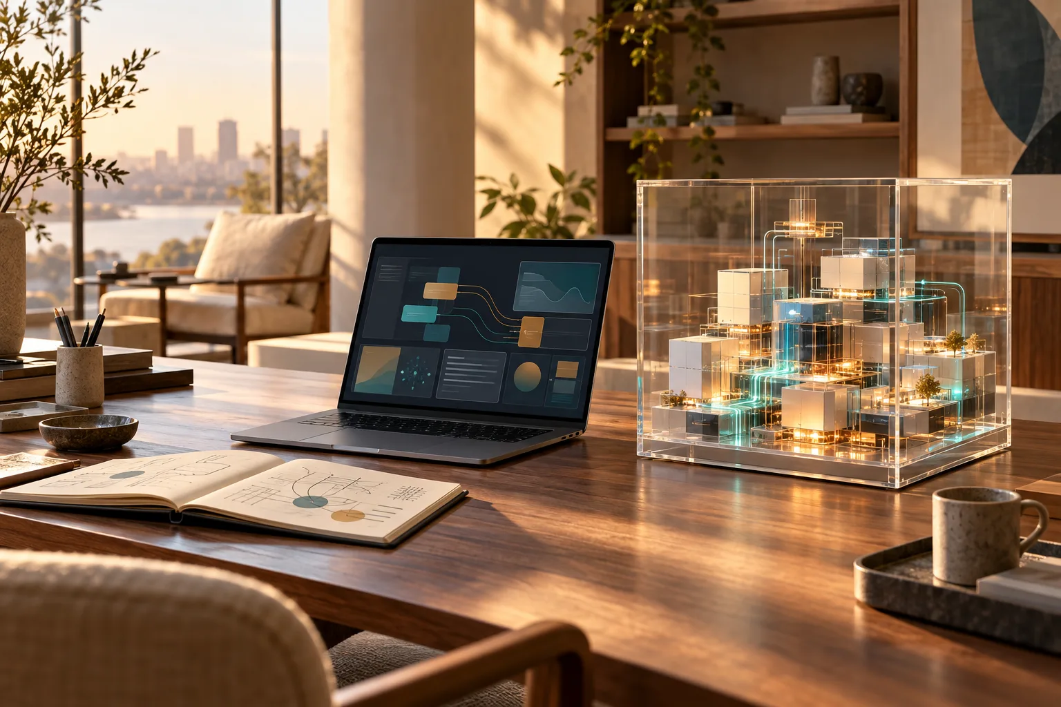 Desk with a laptop and an acrylic cube containing a conceptual sandbox compute model