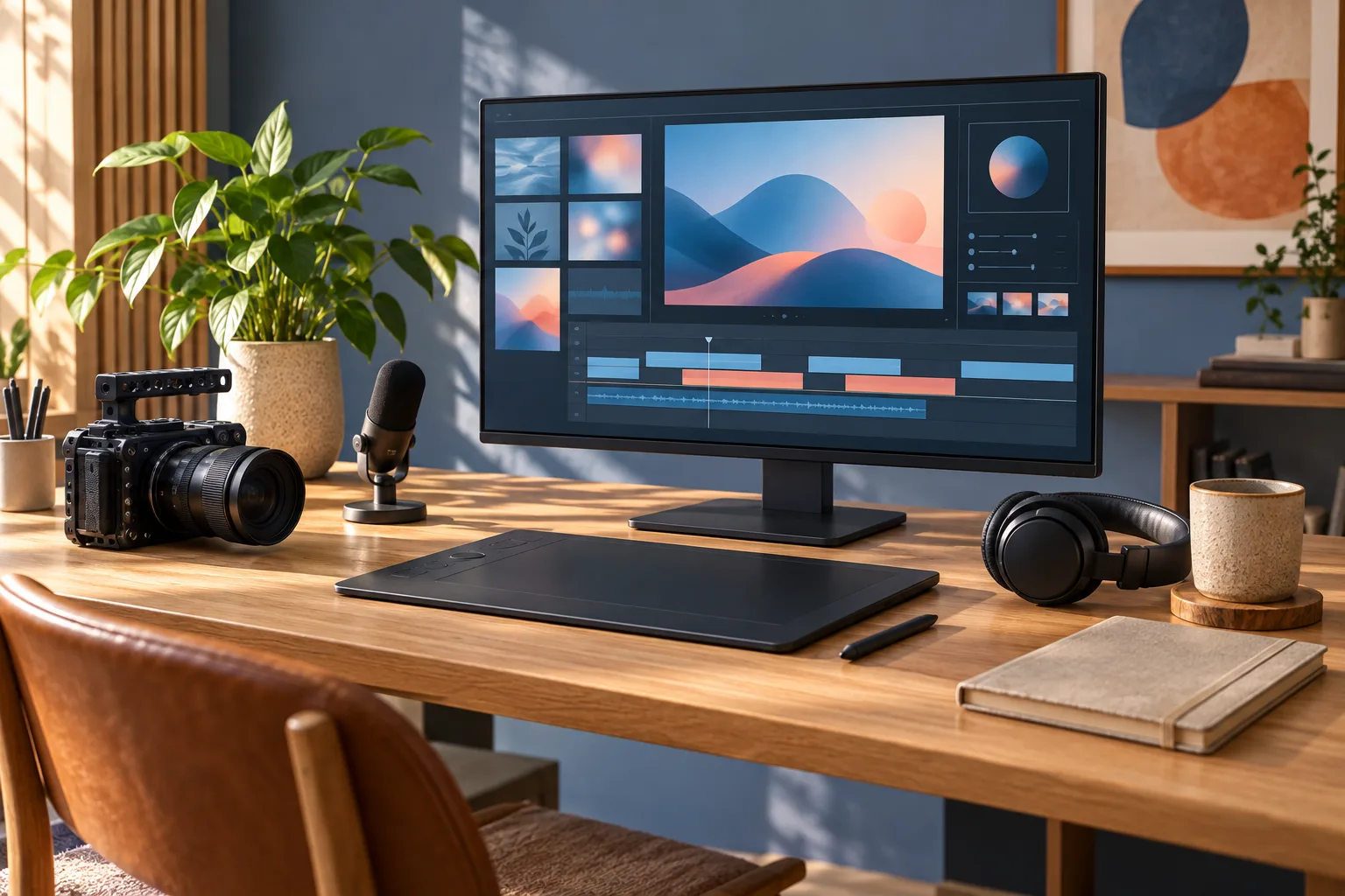 Bàn làm việc sáng tạo video với máy quay, micro và màn hình dựng phim minh họa