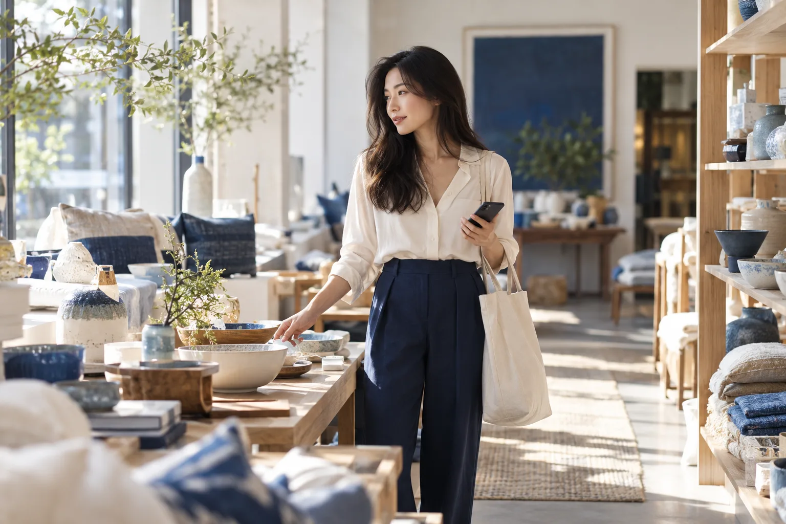 A woman browsing ceramics in a sunlit design shop